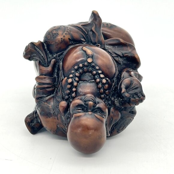 Laughing Buddha Figurine 6" Carved Solid Wood Dark Stain Chinese Script 1.5 lbs - Picture 10 of 14